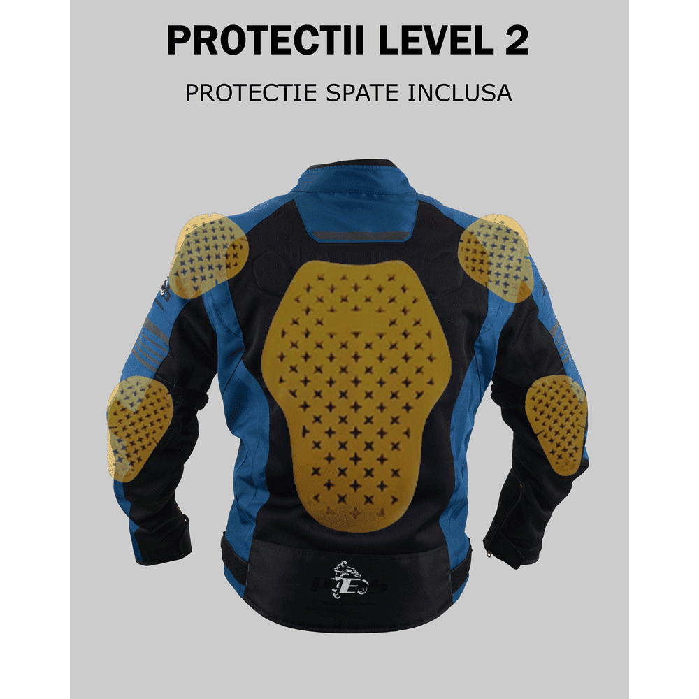 PES Grand Air Blue Men's Summer Motorcycle Jacket – Ventilated Mesh, Level 2 Protectors, AA Certification, Removable Rain Liner