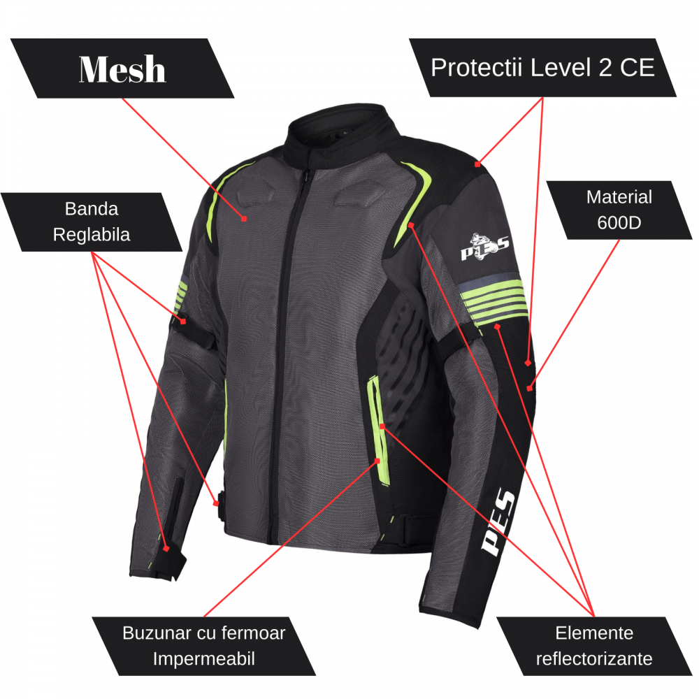 PES Grand Air Summer Motorcycle Jacket, CE Level 2 Protectors, Breathable Mesh, Waterproof, Designed in Romania