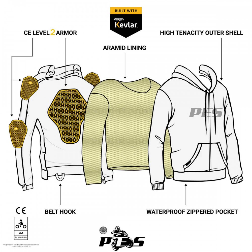 PES KevArmor Zip Motorcycle Hoodie with CE Level 2 Protectors, Full Kevlar Lining and AA Certification