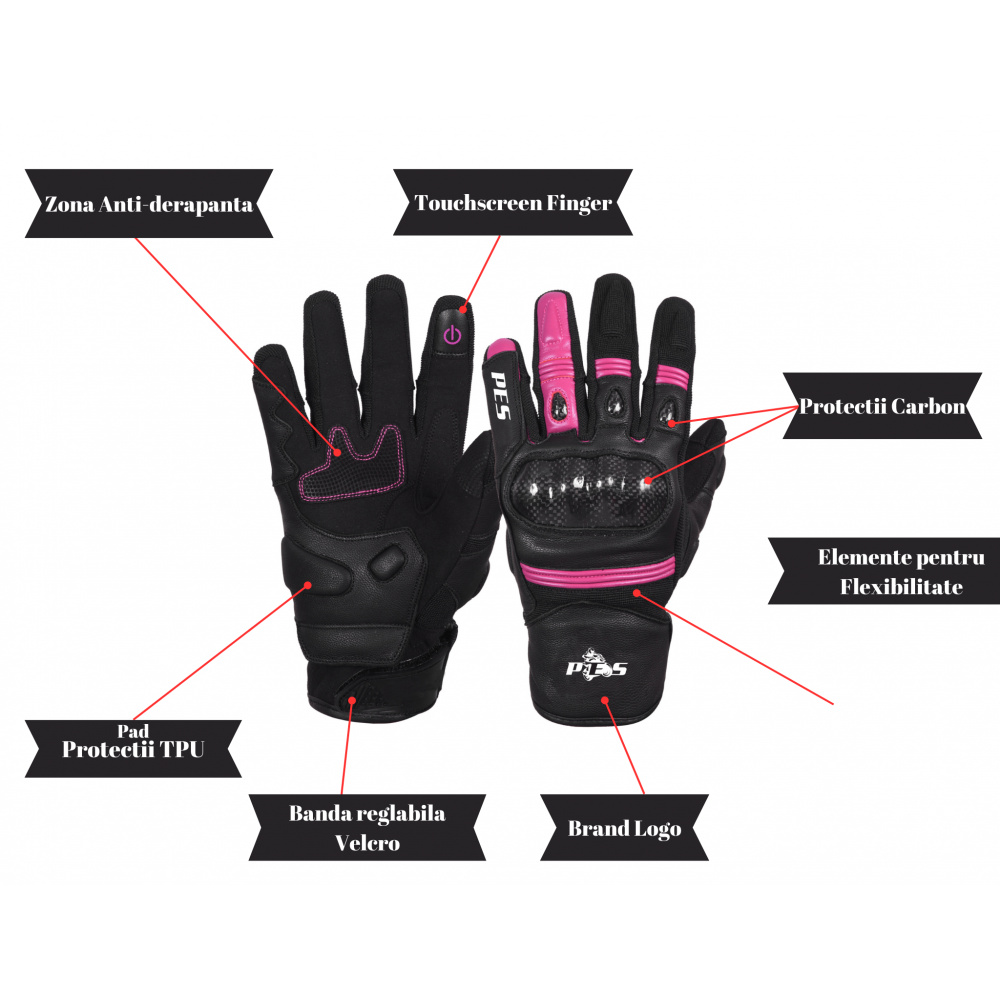 PES Women's Motorcycle Gloves - Premium Leather, Carbon Protection, Touchscreen Functionality