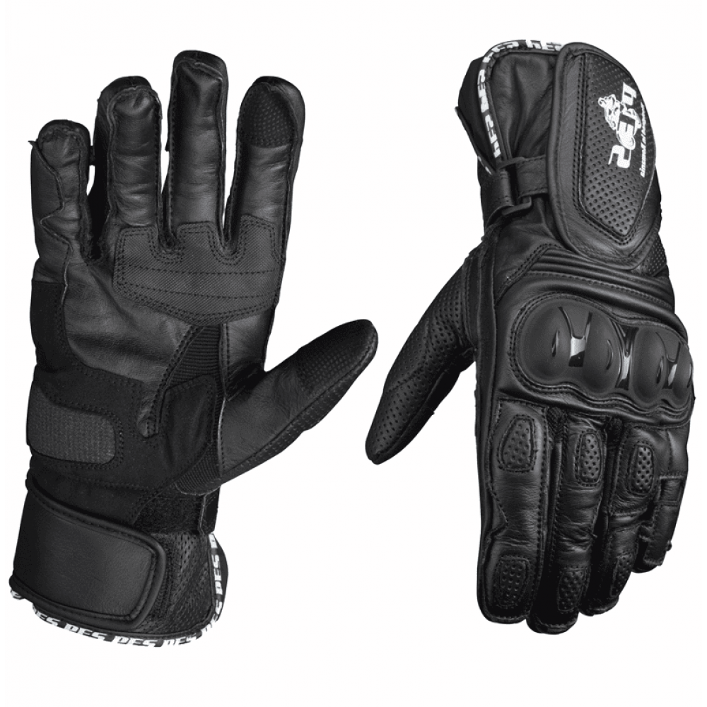 PES Long Leather Motorcycle Gloves with TPU Protectors, Touchscreen and Ventilation - Safety and Comfort, Black
