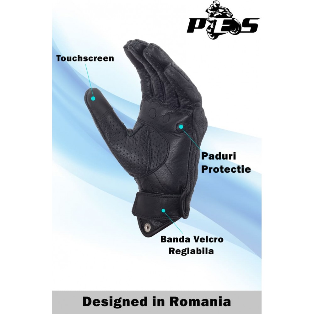 PES Perforated Leather Motorcycle Gloves with Carbon Protection – Functional and Durable, Black