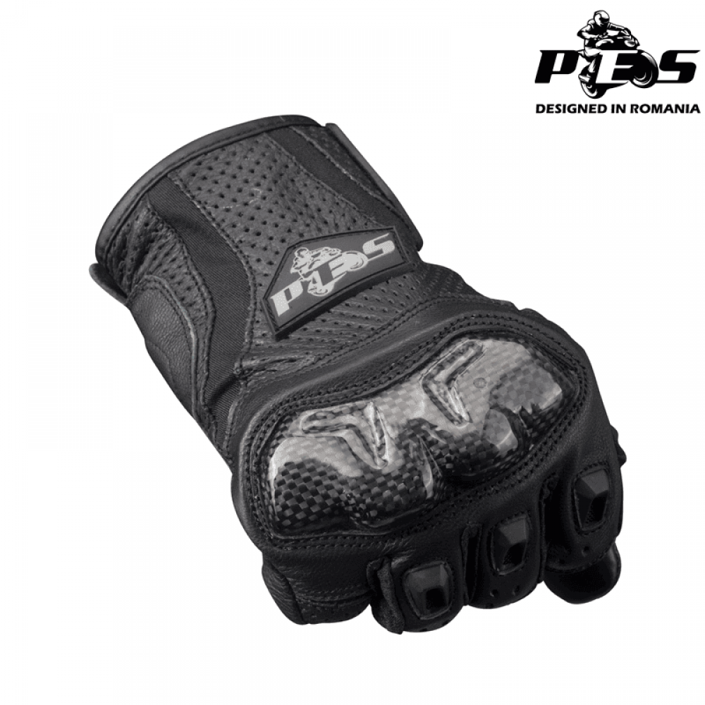 PES Perforated Leather Motorcycle Gloves – Carbon Protection, Touchscreen, Ventilated, Black