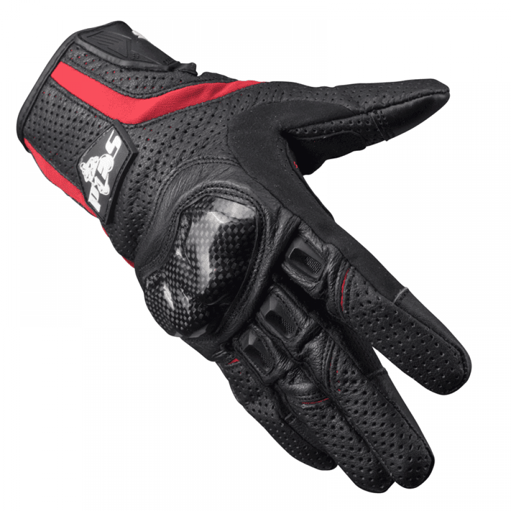 PES Perforated Leather Motorcycle Gloves – Carbon Protection, Touchscreen, Ventilated, Red