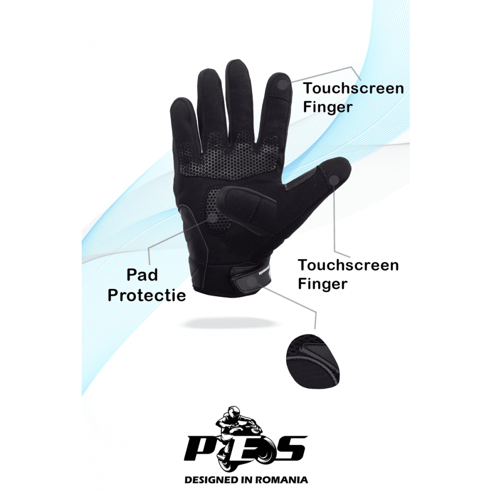 PES Motorcycle Gloves – Perfect Textile & Leather Blend with Advanced Technology, Carbon, Black